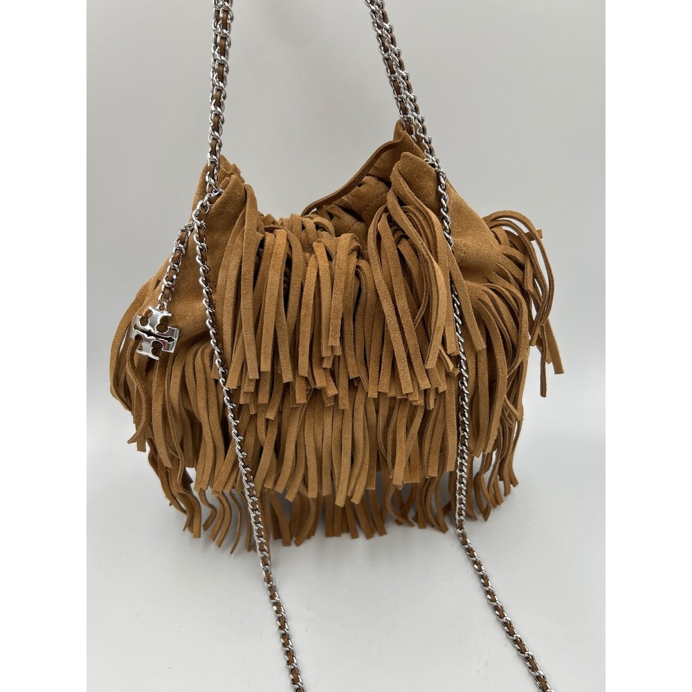 Tory Burch Mini Fleming Suede Fringe Hobo Bag Wild Tobacco Brown Silver Chain
